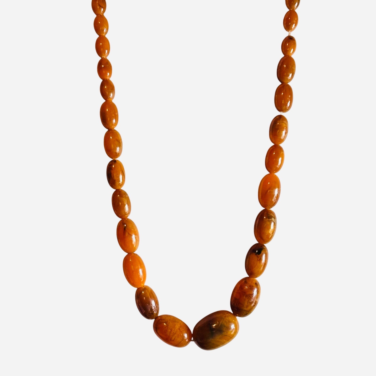 Vintage Faux Amber Graduated Bead Necklace Honey Cognac Marbled Statement 24 In