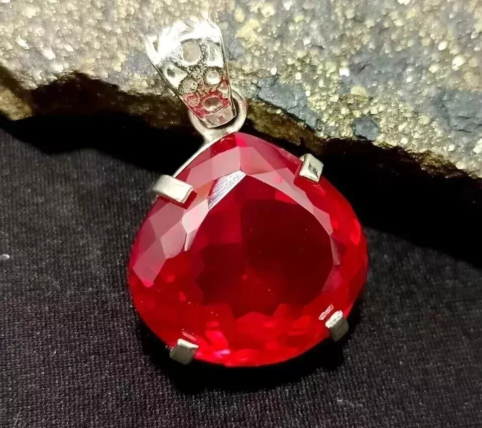 50 Ct+ Natural Burmese Heart RUBY 925 Solid Silver Pendant Certified Gemstone