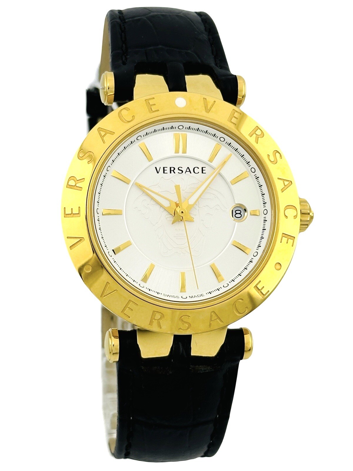 Versace VQP040015 V-Race 42mm Case IP 2N Black Croco Pattern Leather Strap Watch