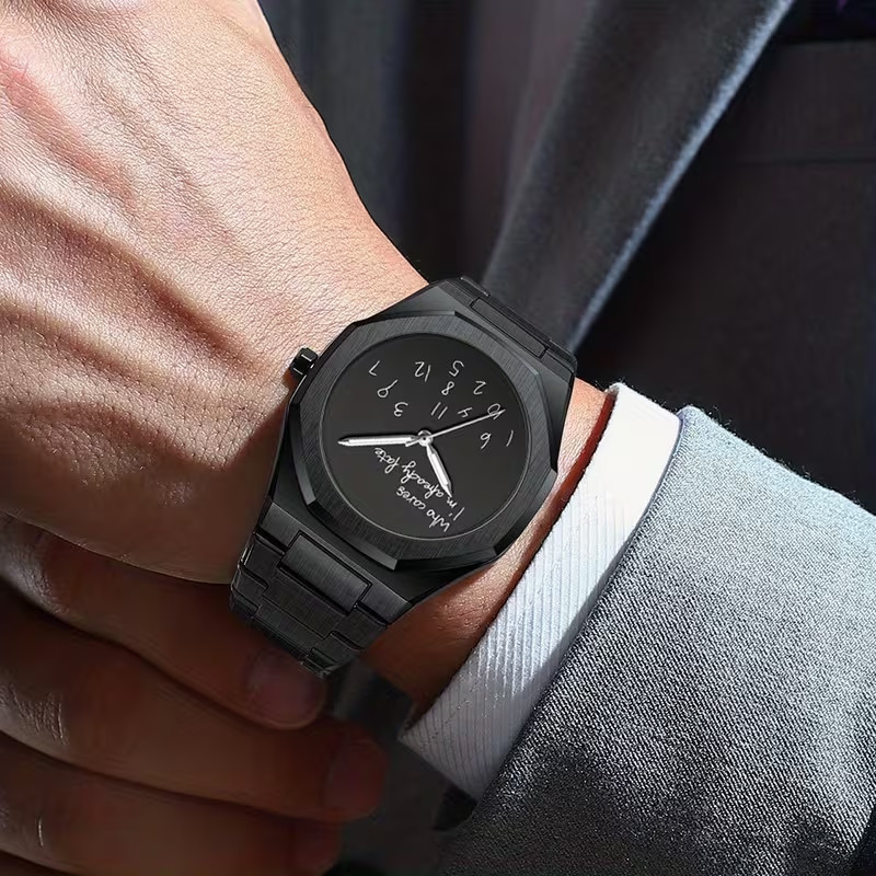 Men Slogan Watch Casual Business Quartz Watch Black “Who Cares I’m already late”