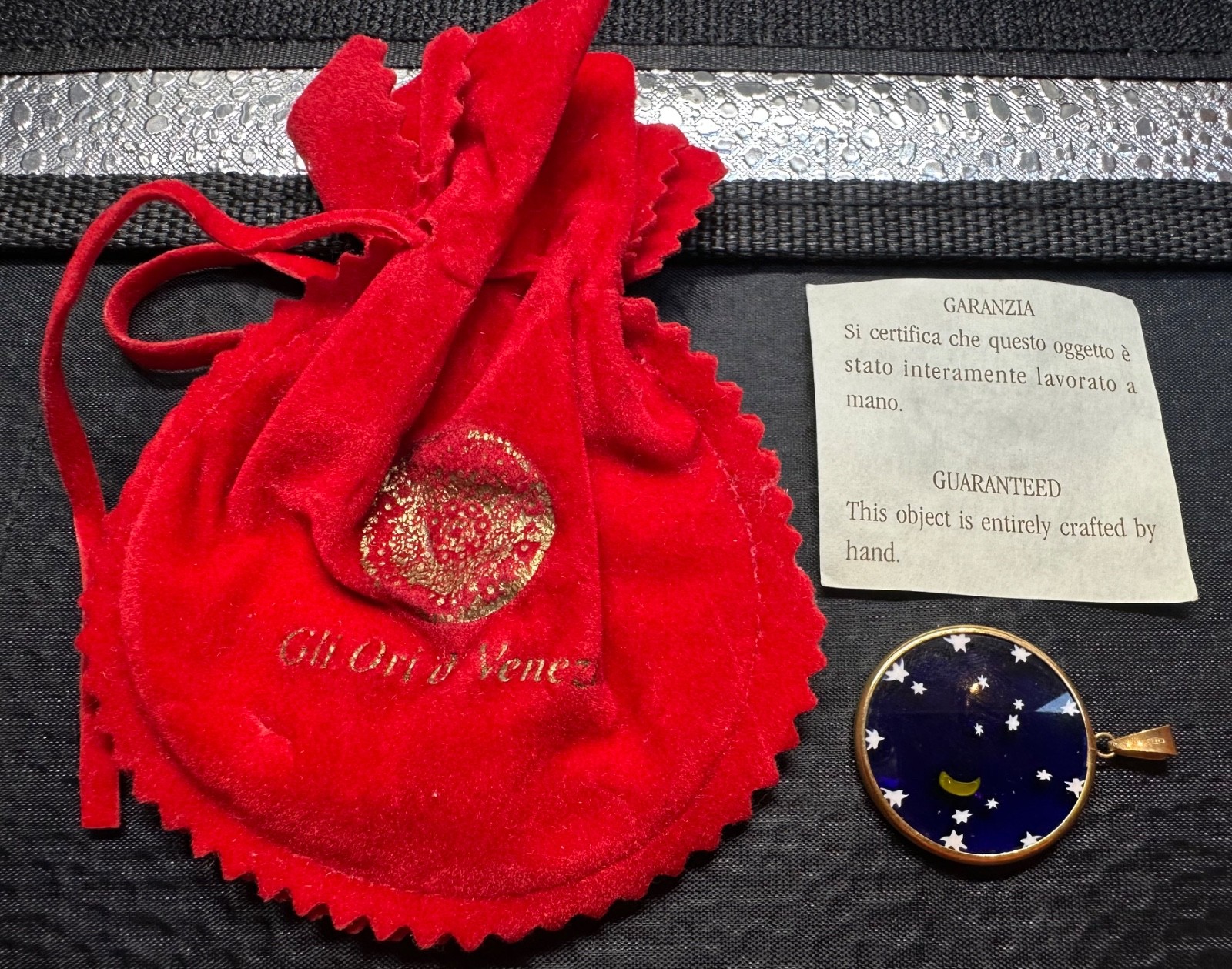 Gli Ori di Venezia glass pendant, 18K rim w/MURANO glass celestial moon, stars