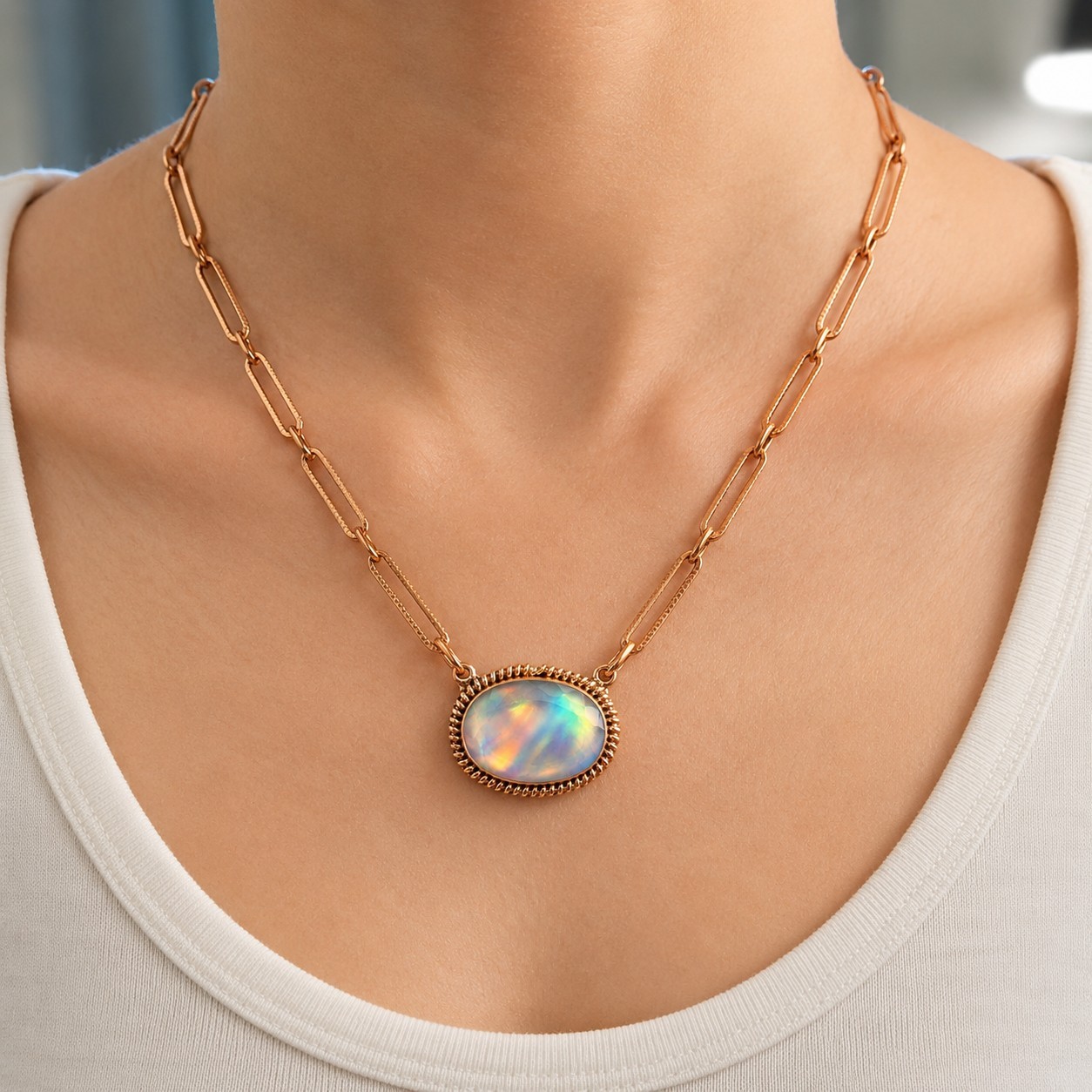 Aurora Opal Solid Copper Paperclip Chain Necklace Boho Southwestern 18-20in