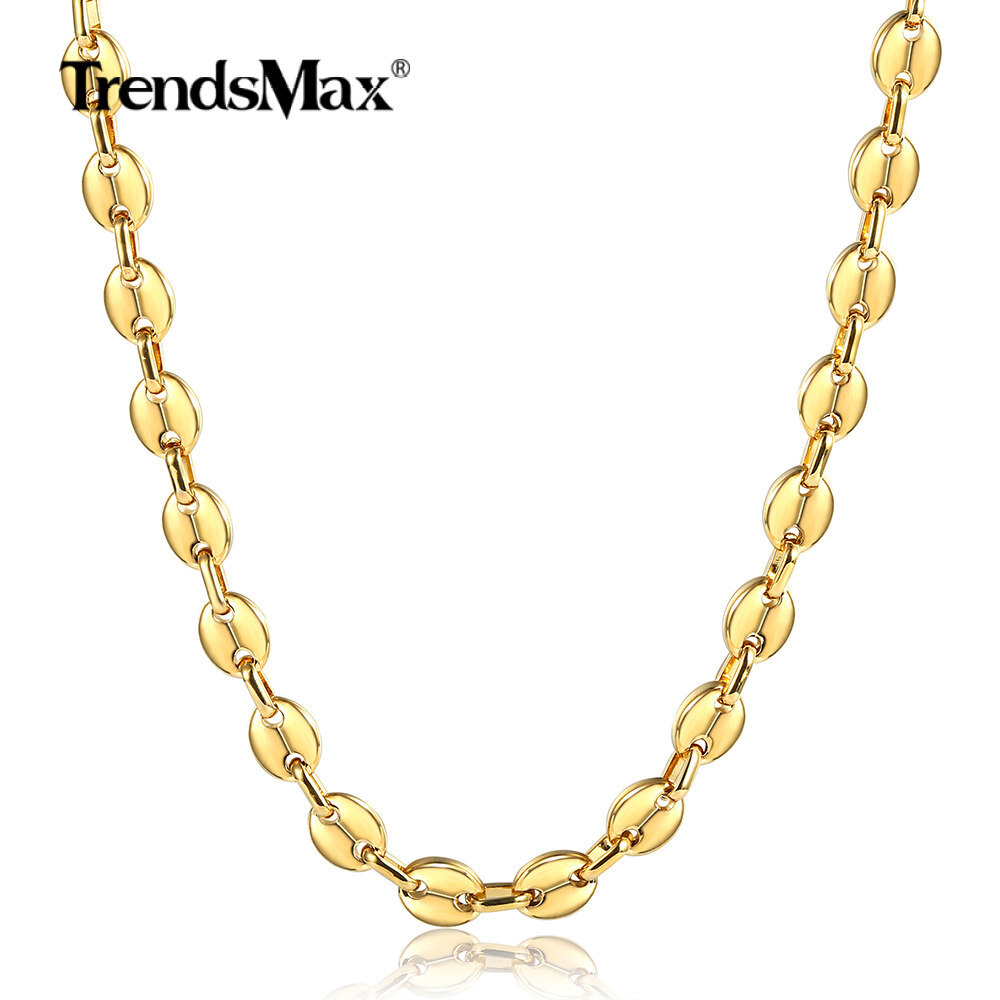 9mm Gold Plated Stainless Steel Coffee Beans Marina Link Chain Necklace 16″-24″