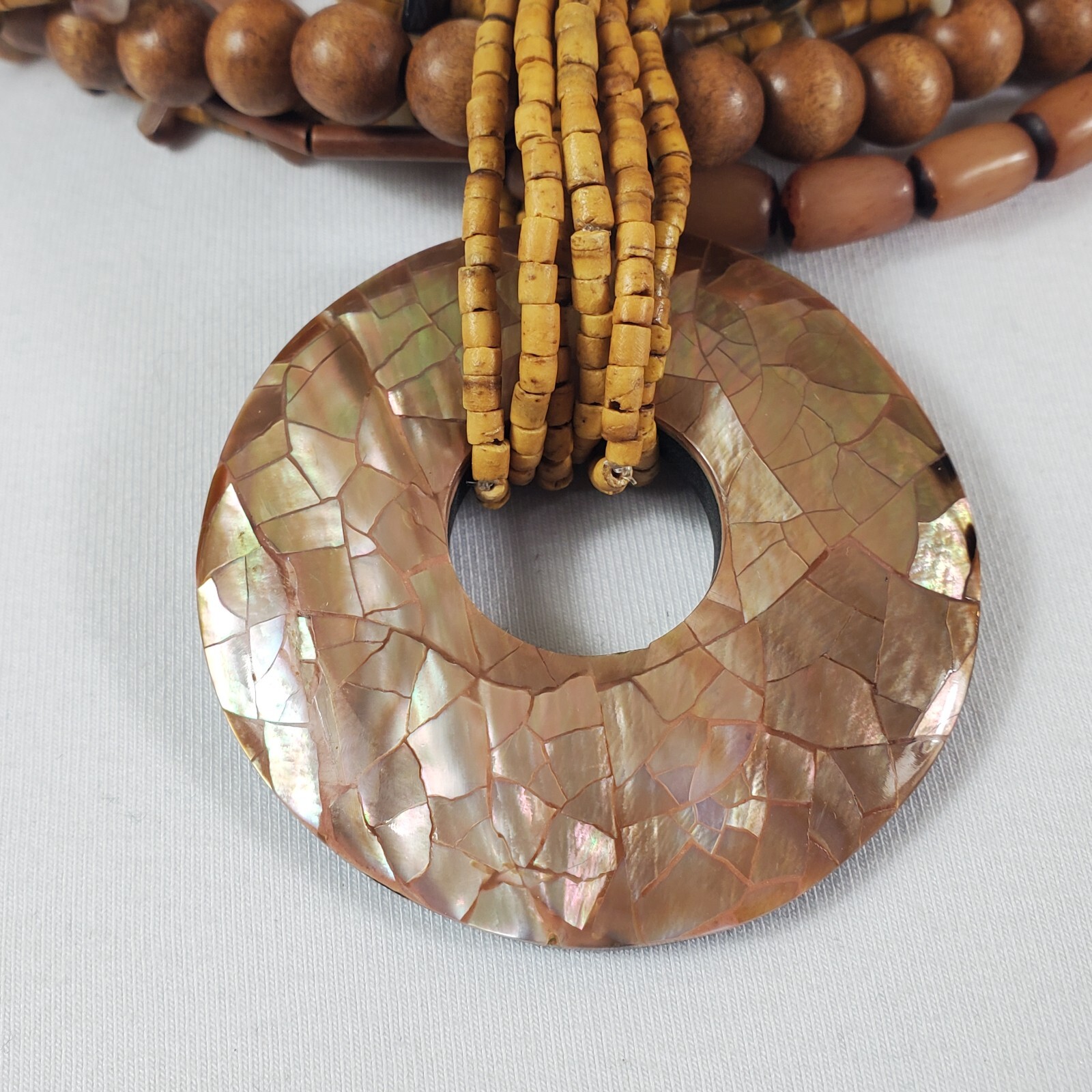 Necklace Statement Earth Tone Wood & Stone Beads Shell Mosaic Pendant 17″ to 21″