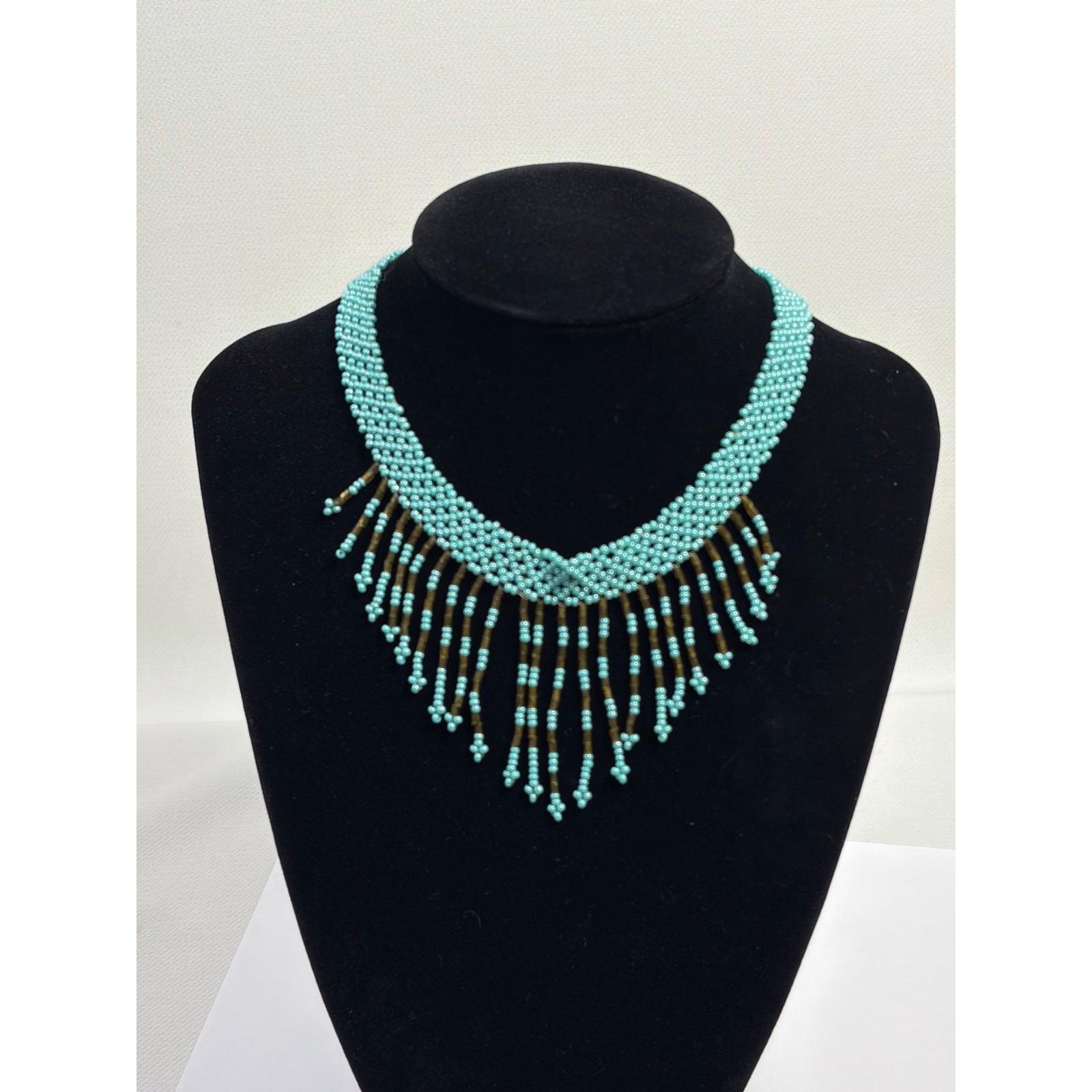 Blue Seed Beaded Choker Fringe Bib Necklace Native Handmade Vintage Western