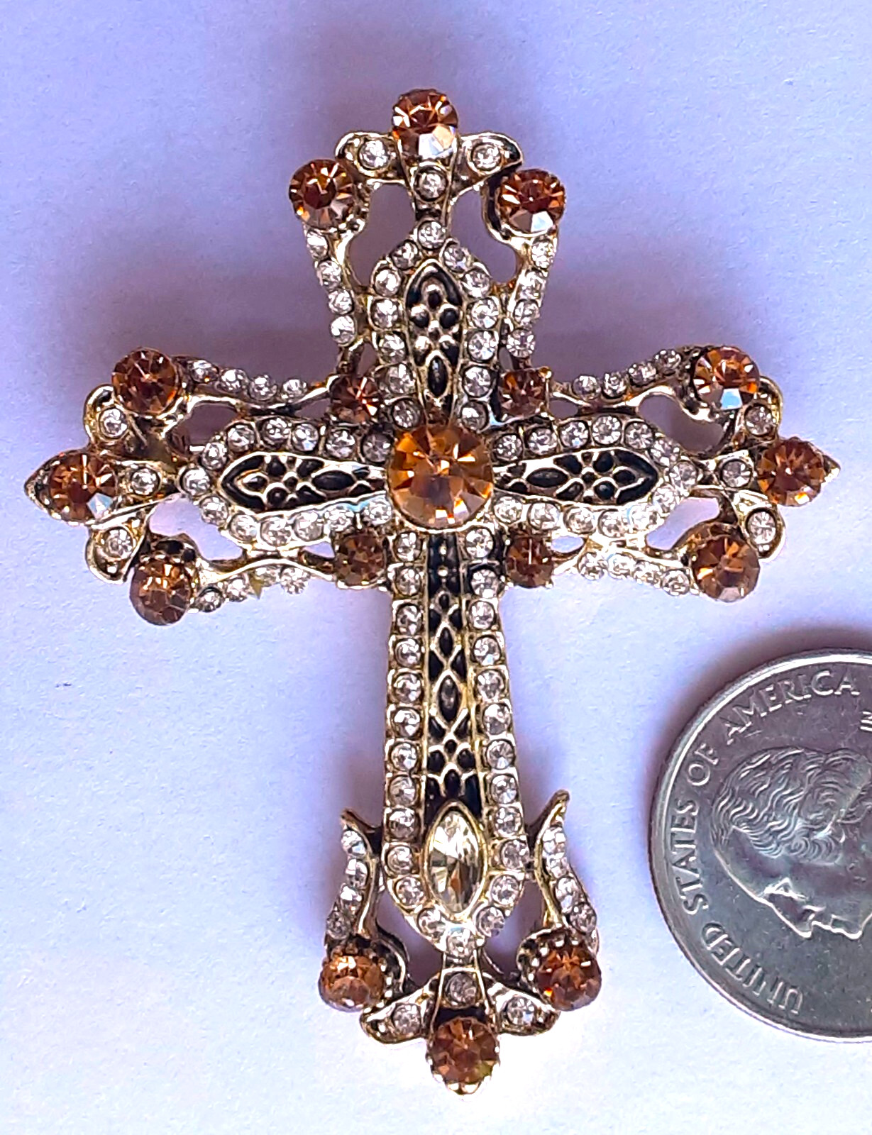 VICTORIAN style CROSS RHINESTONE BROOCH or NECKLACE GIFT BOX Gold color #BR17