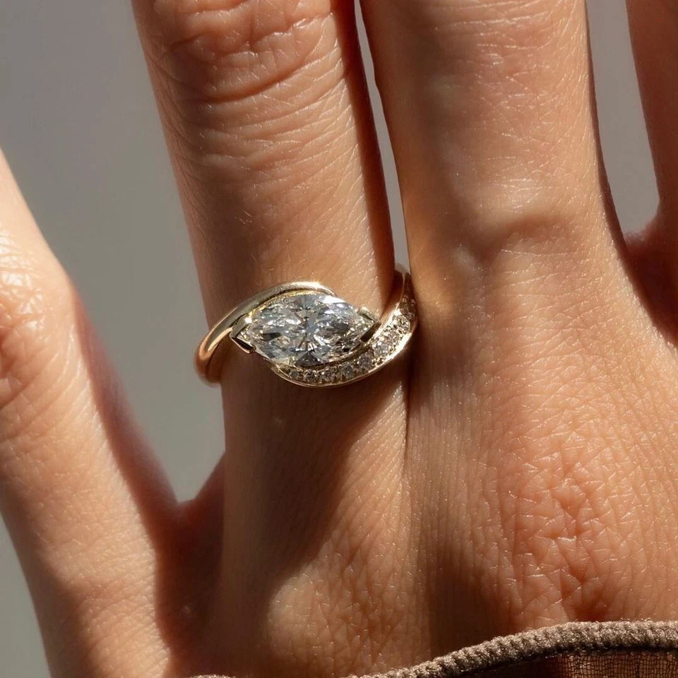 Halo 2 Ct Marquise 14k Yellow Gold Diamond Ring Lab Grown IGI Certified VVS E F