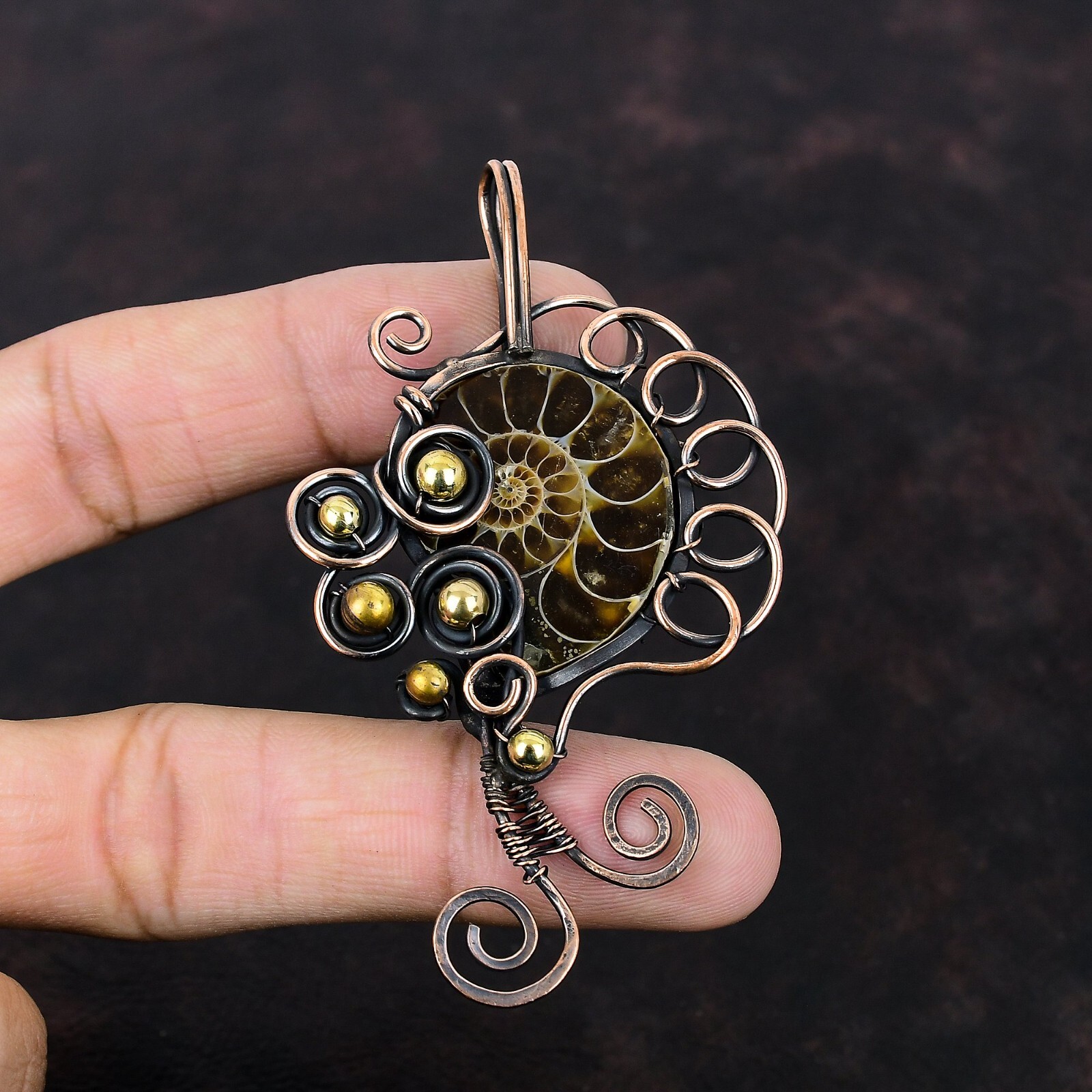 Ammonite Fossil Wire Wrapped Pendant Handcrafted Copper Unique Gift 3.23″
