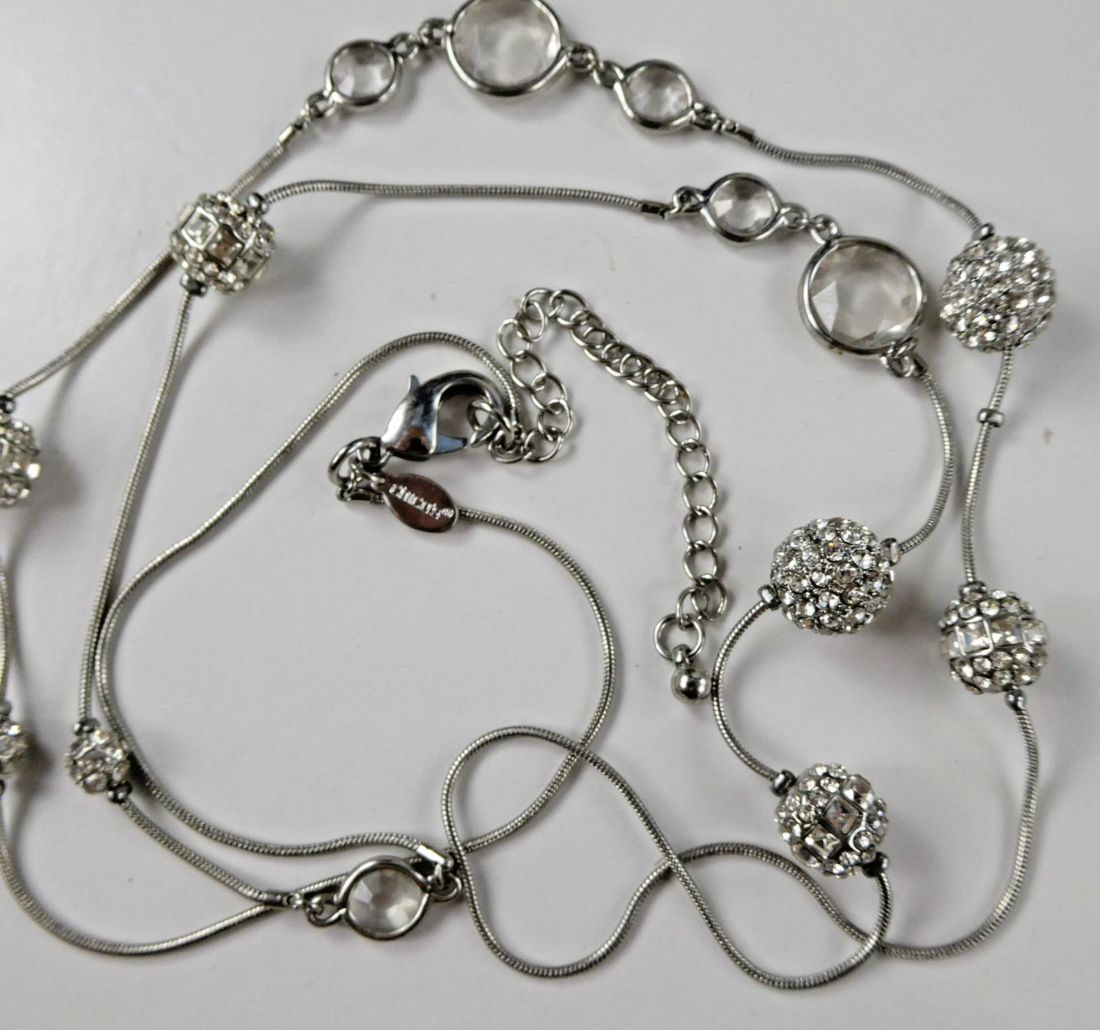Pretty CHICO’S Silver Tone Crystal Rhinestone Ball Bead Long Strand Necklace