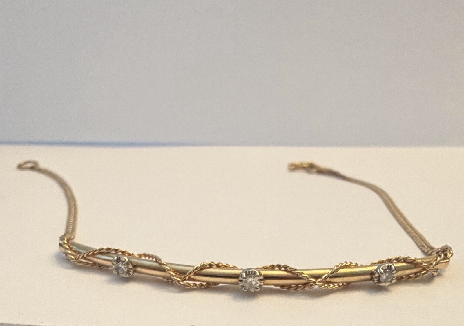 14k Yellow Gold Diamond Tennis Bracelet Herringbone Twisted Cable Braided