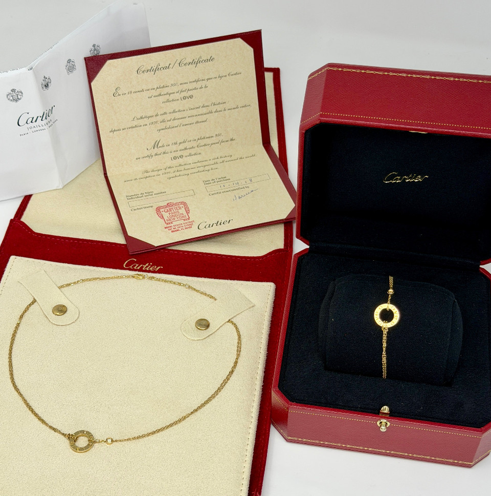 CARTIER Love 2 Diamonds Pendant and Love Bracelet On Chain Set 18K Yellow Gold