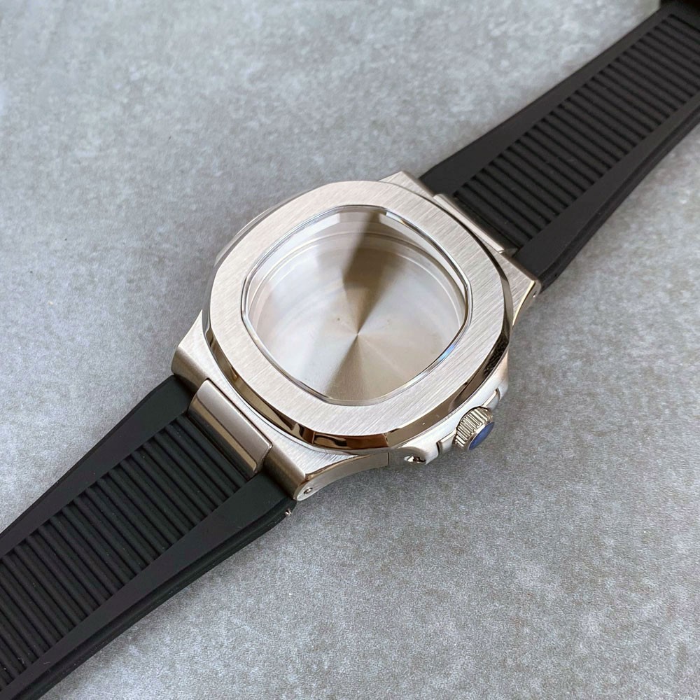 40mm Silver Nautilus Watch Case Nologo Dial Sapphire 10ATM For NH35 NH36 Rubber
