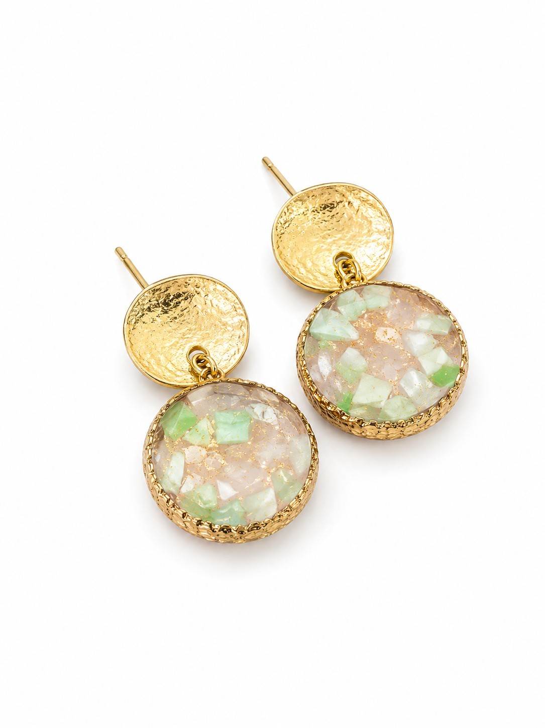 925 Sterling Silver Stamped Mosaic Stone Dangle Stud Earrings Gold Tone Round