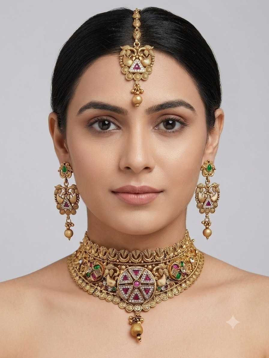Indian Bollywood Kundan Choker Necklace Earrings Maang Tikka Bridal Jewelry Set
