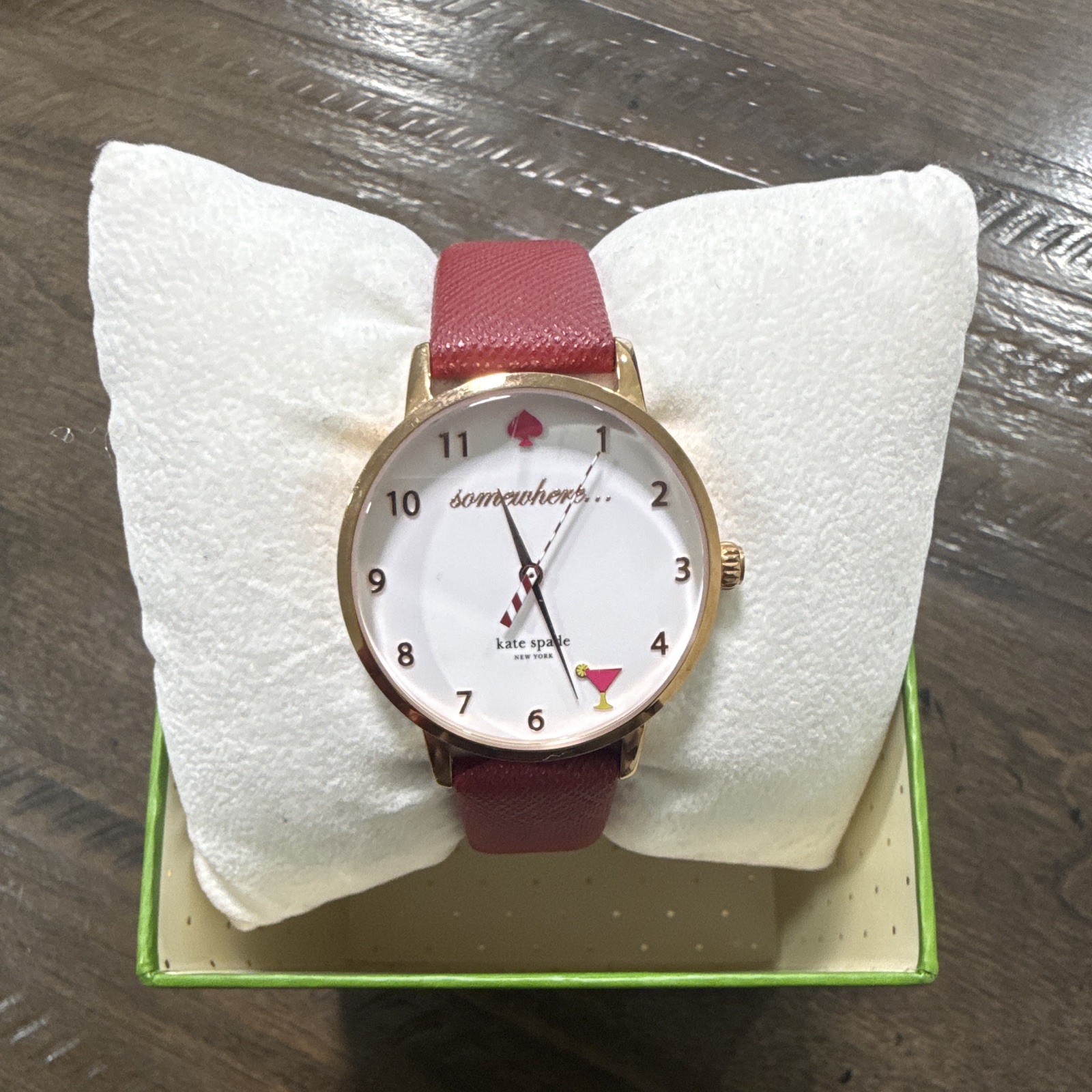 kate spade new york Metro Quartz Gold-Tone Red Leather Strap White Dial w/ Box