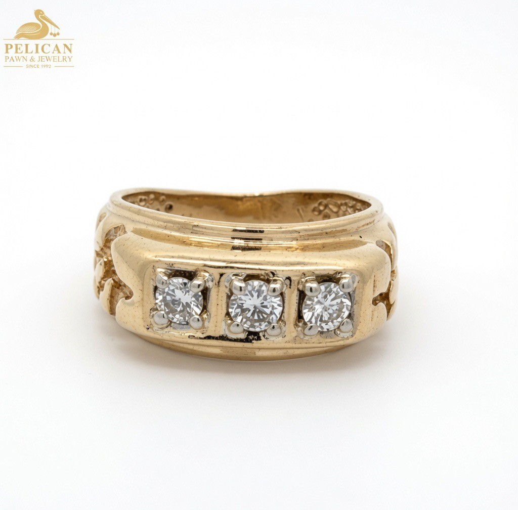 Retro Three-Stone Diamond Gold Nugget Ring 10KT Yellow Gold SZ 6.5 (PSH044027)