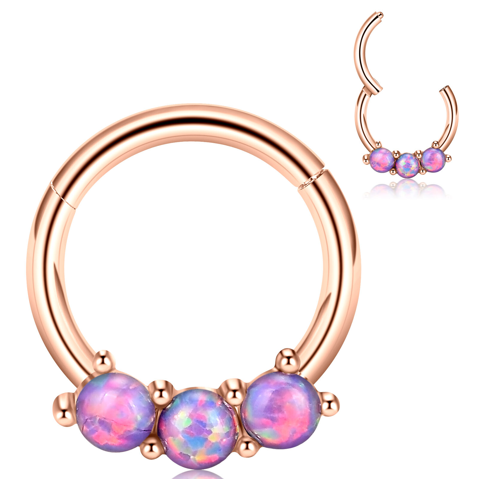 2pcs Silver+Rosegold Opal Nose Hinged Hoop Piercing Segment Ring Earring Studs