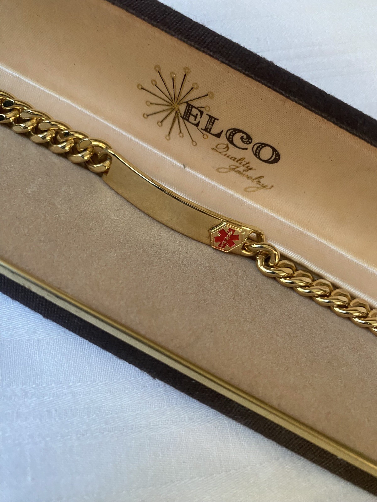 Vintage Elco Medical ID Bracelet Gold Electroplated 7.5”Engraveable Red Caduseus