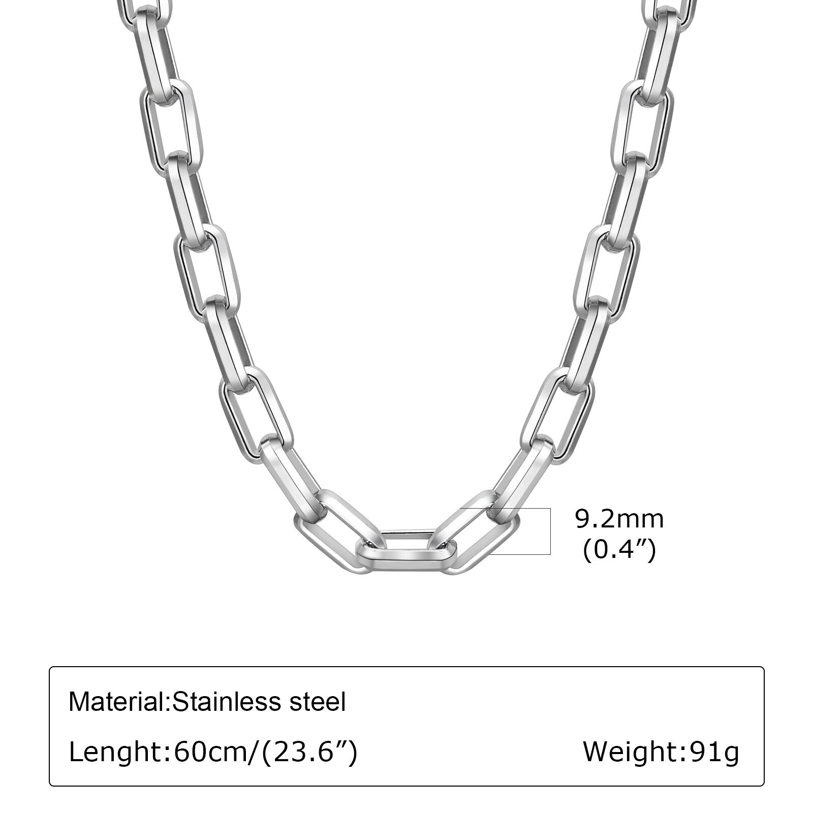 24inch 9.2mm Stainless Steel Polished Simple Long Box Necklace Chain Silver Mens