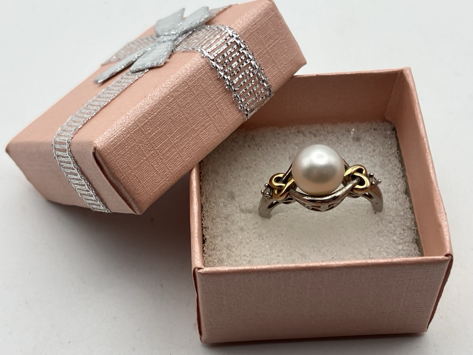 Vintage 14k & Sterling Silver 925 Pearl & Diamond Ring Size 7