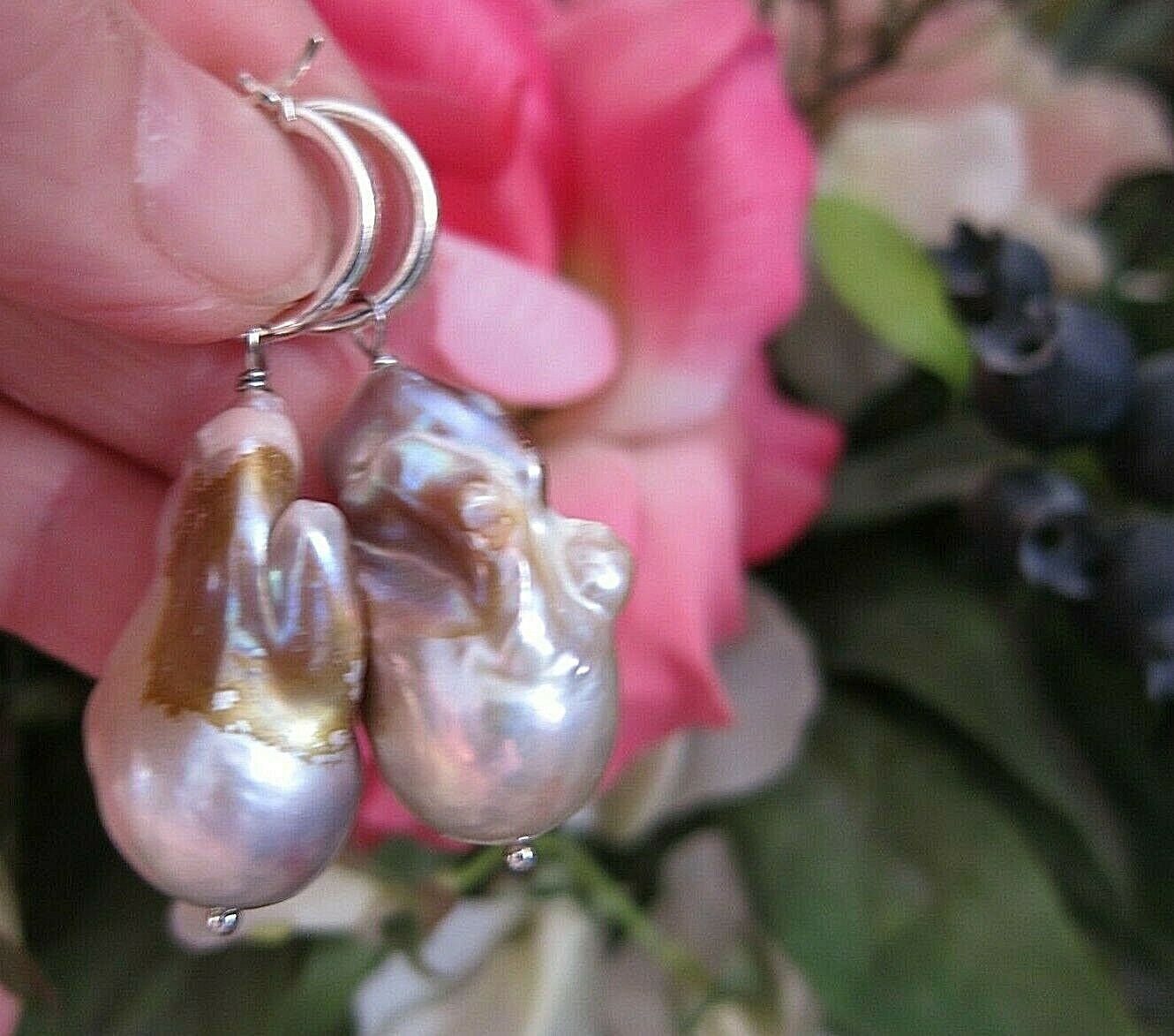 Huge Purple South Sea Keshi Reborn Pearl Drop Earrings on Silver Hoop 25 29mm.