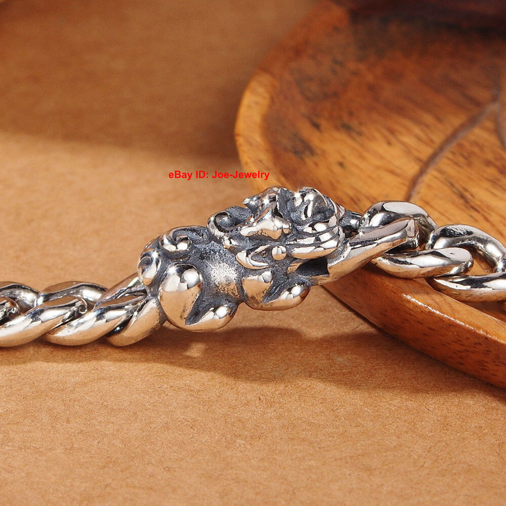 Real 925 Sterling Silver 8mm Curb Link Pixiu Men’s Bracelet 7.48inch 34-35g