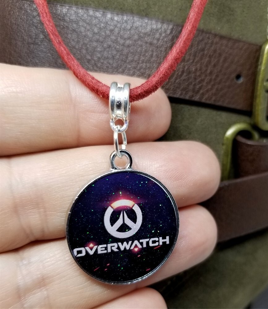 Overwatch Title and Emblem Charm on Red Suede Cord Necklace