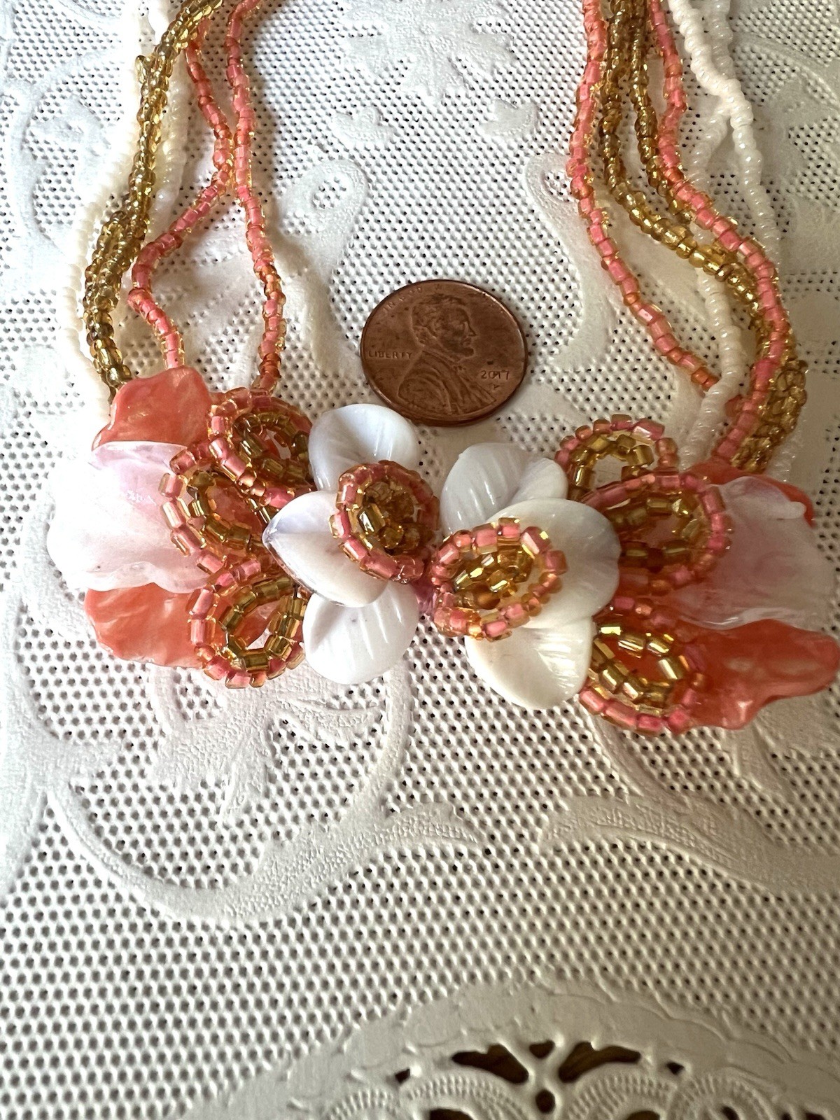 New Vintage Venetian Coral Flower Bead Art Glass Necklace W/Label 15″ + Extender