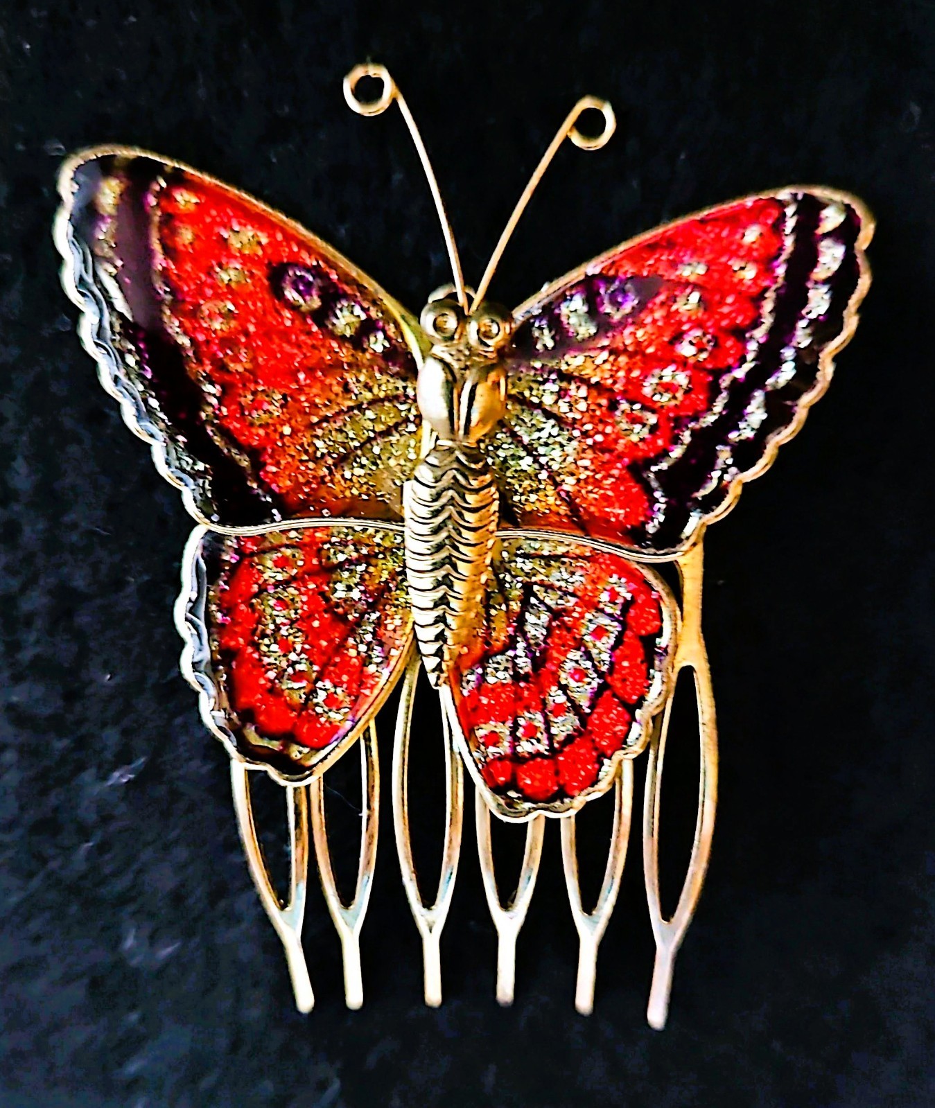 Vintage Butterfly Hair Comb Enamel Gold Tone Metal Elegant Hair Accessory Taiwan