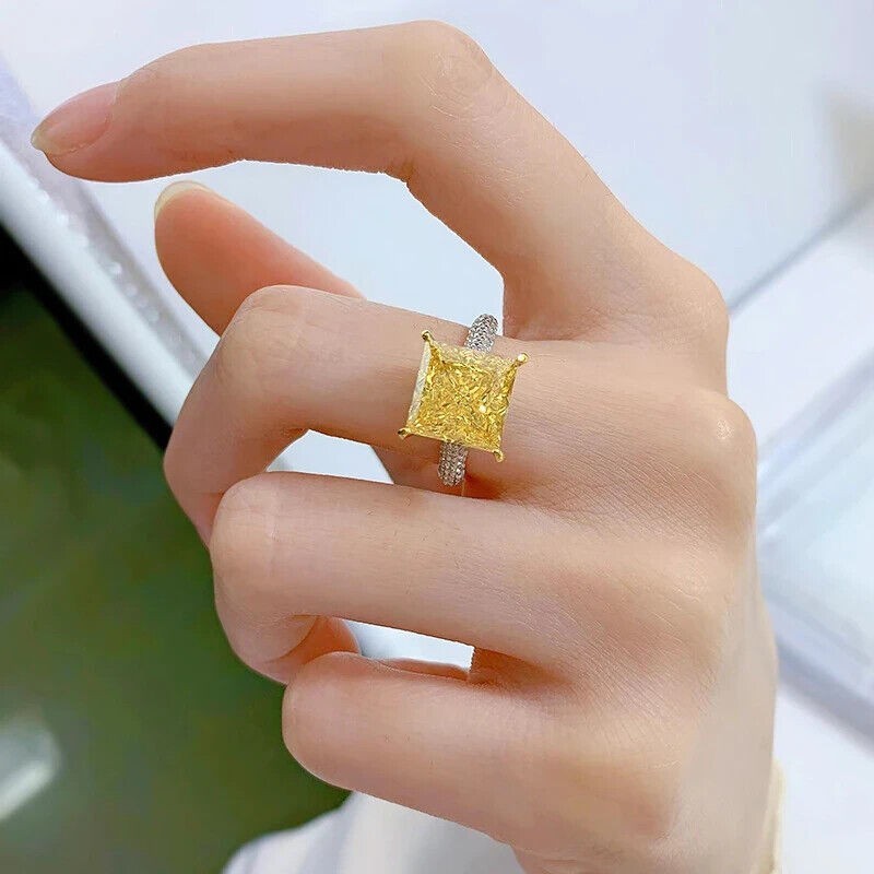 6.40 Ct Certified Princess Cut Natural Yellow Diamond Ring White Gold Finish