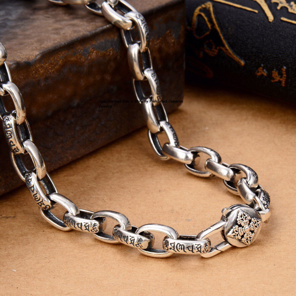 Solid 925 Sterling Silver Chain 8mm Six Words Oval Cable Link Necklace 18-30inch