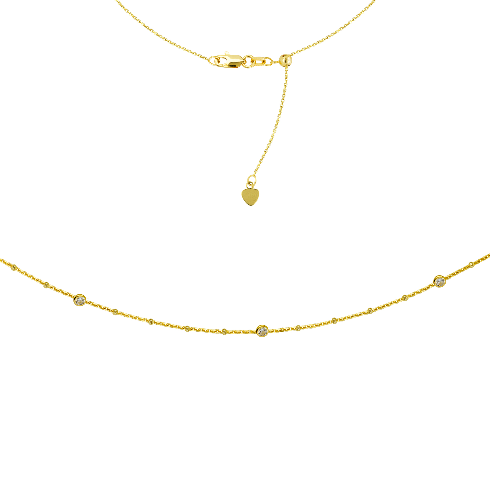 4 Stations CZ Choker 14k Yellow Gold Necklace, 16″ Adjustable
