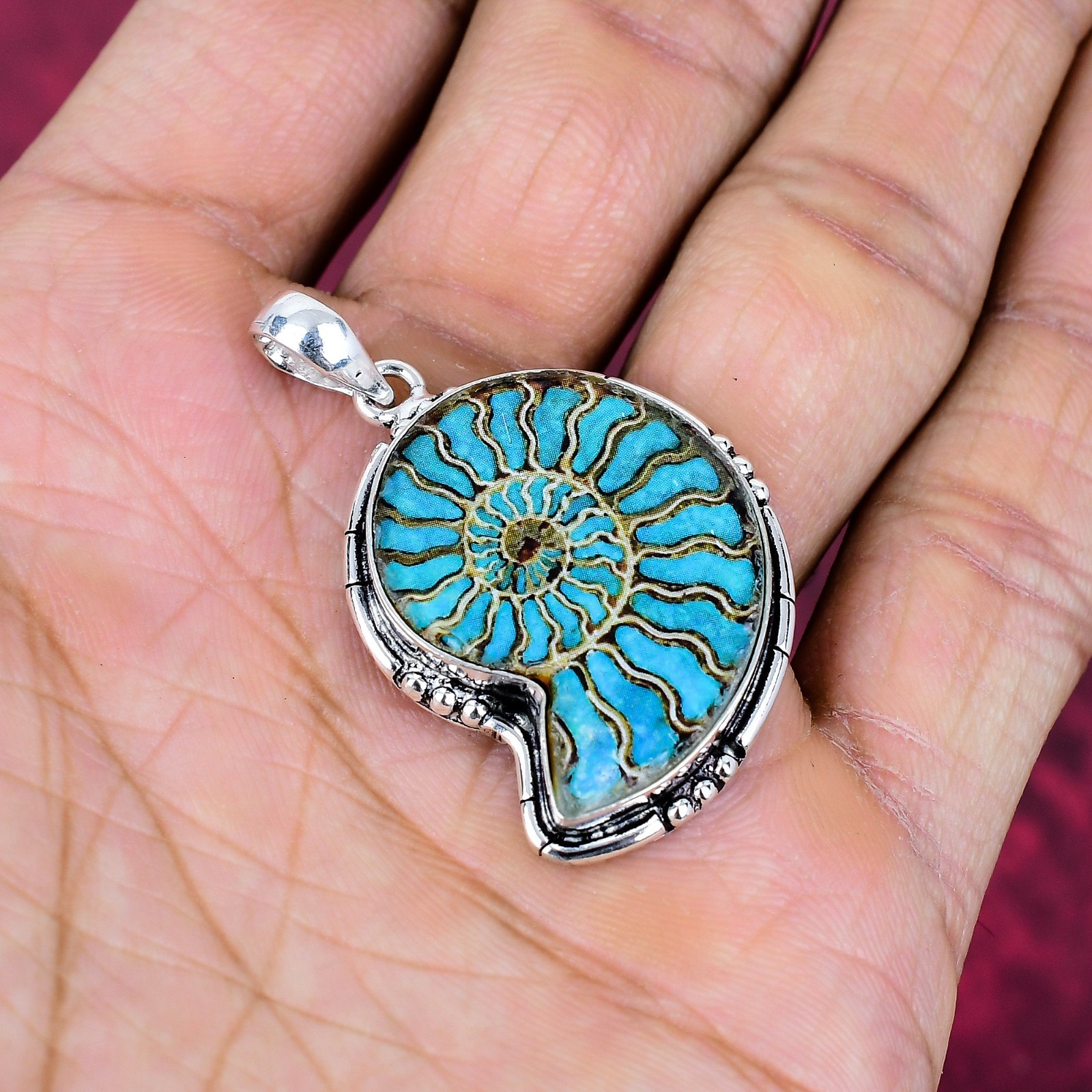 Ammonite Fossil Gemstone Handmade 925 Sterling Silver Bohemian Jewelry Pendant