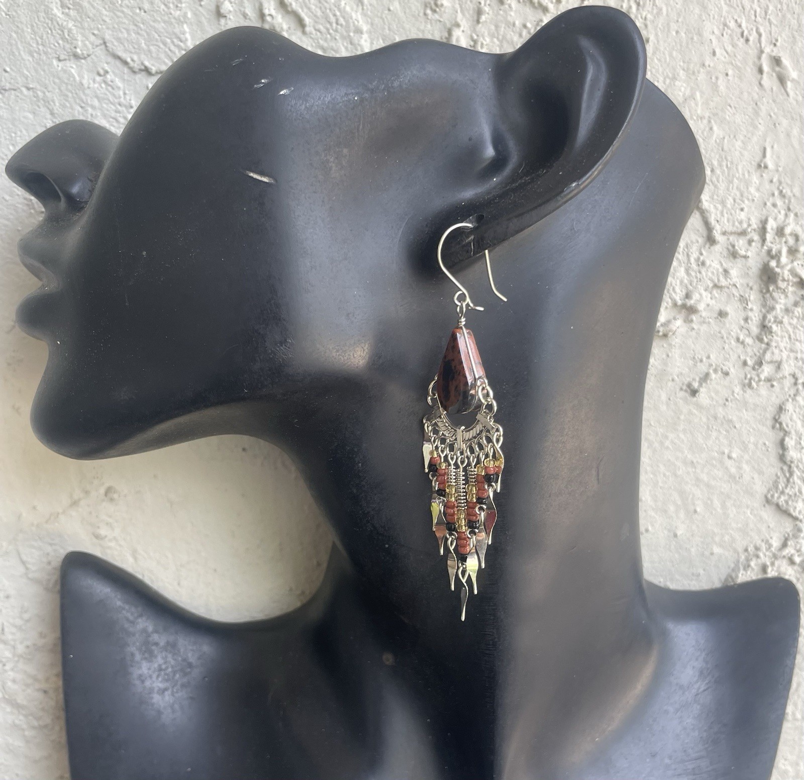 Peruvian Mahogany Obsidian Semi-Precious Stone Seed Bead Earrings Handmade Boho