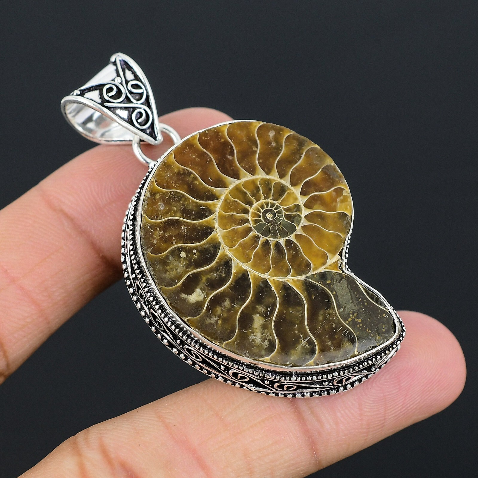 Ammonite Fossil Gemstone Handmade Jewelry 925 Sterling Silver Vintage Pendant