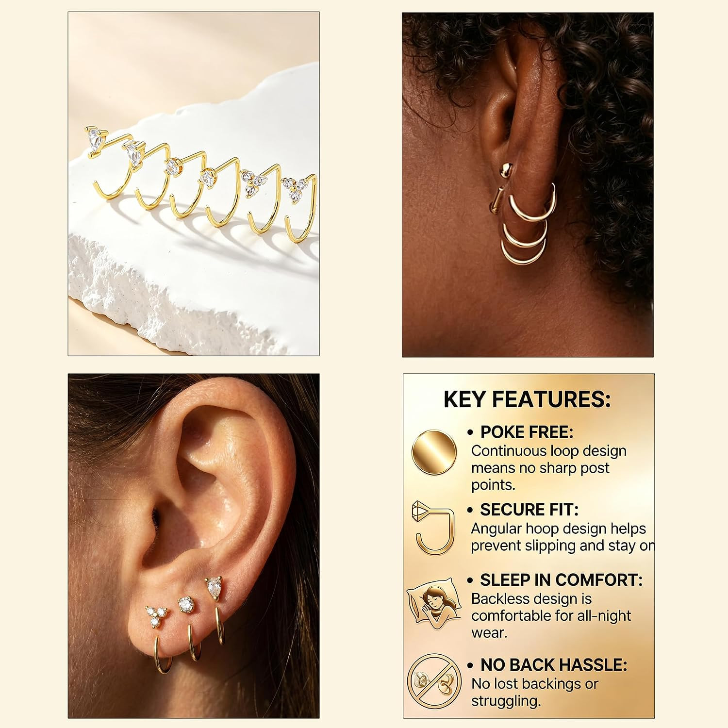 Backless Half Hoop Earrings for Women，3 Pairs 14K Gold Plated Stay Close No Back