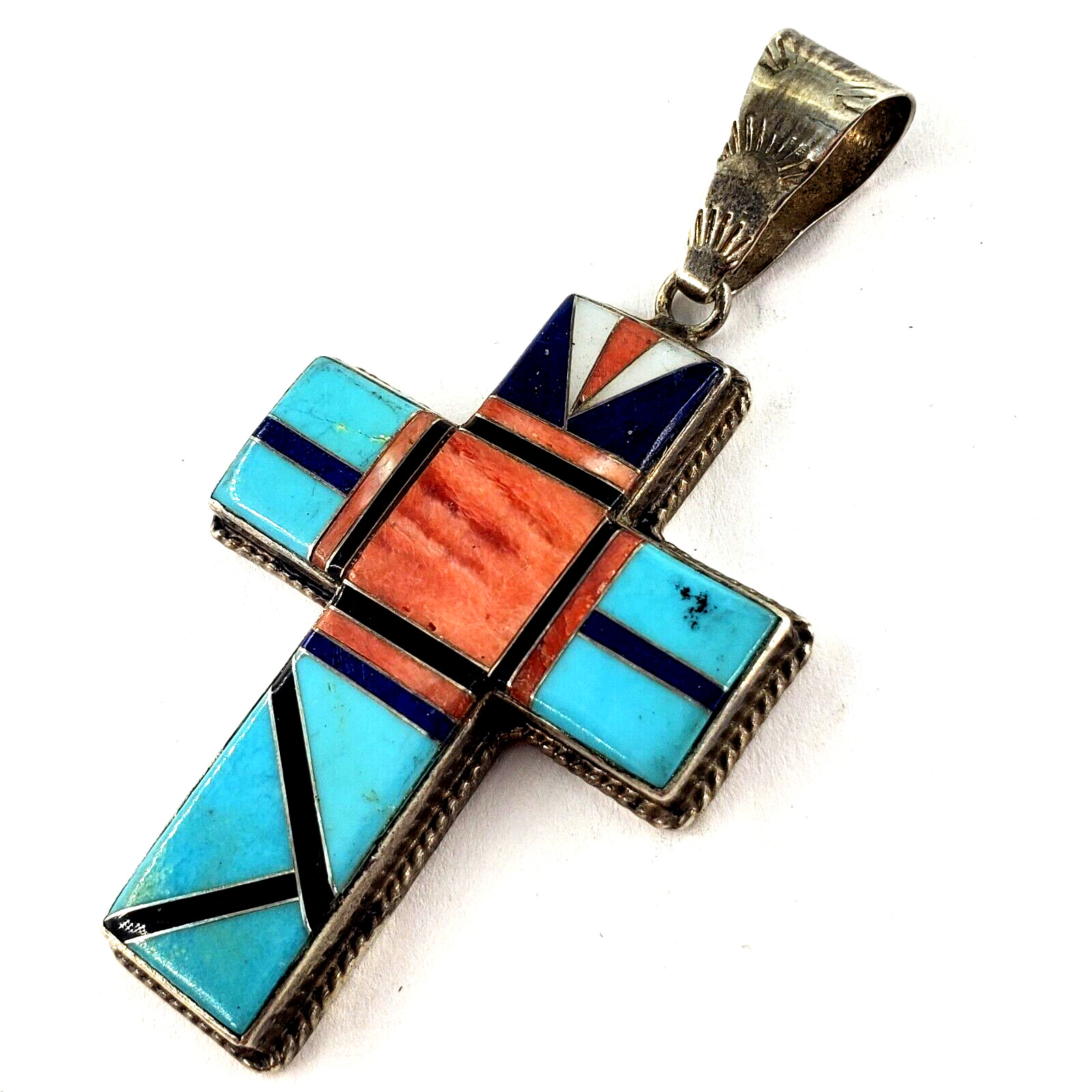 ROGER SKEET RS NAVAJO Sterling Silver Inlay Cross Pendant Turquoise Coral Native