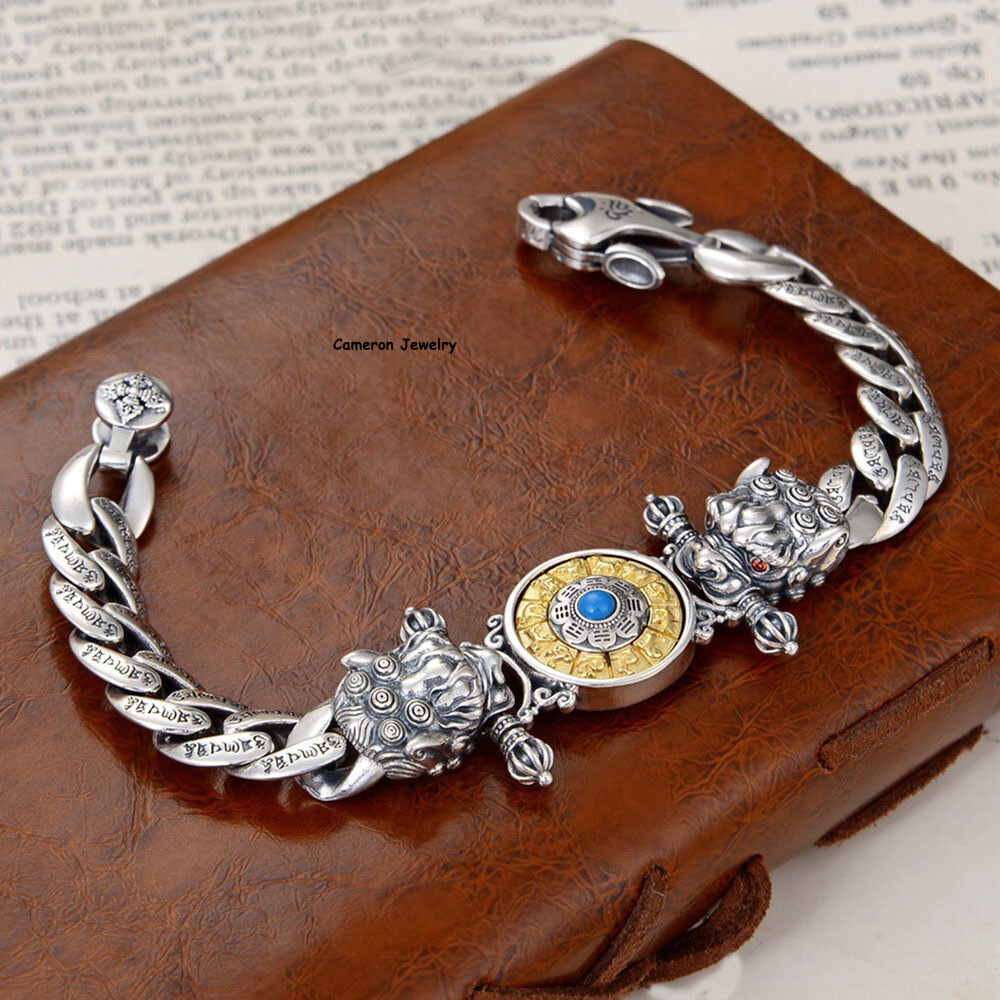 Pure S925 Sterling Silver Chain 11mm Double Pixiu Curb Link Bracelet 7.1-8.7inch