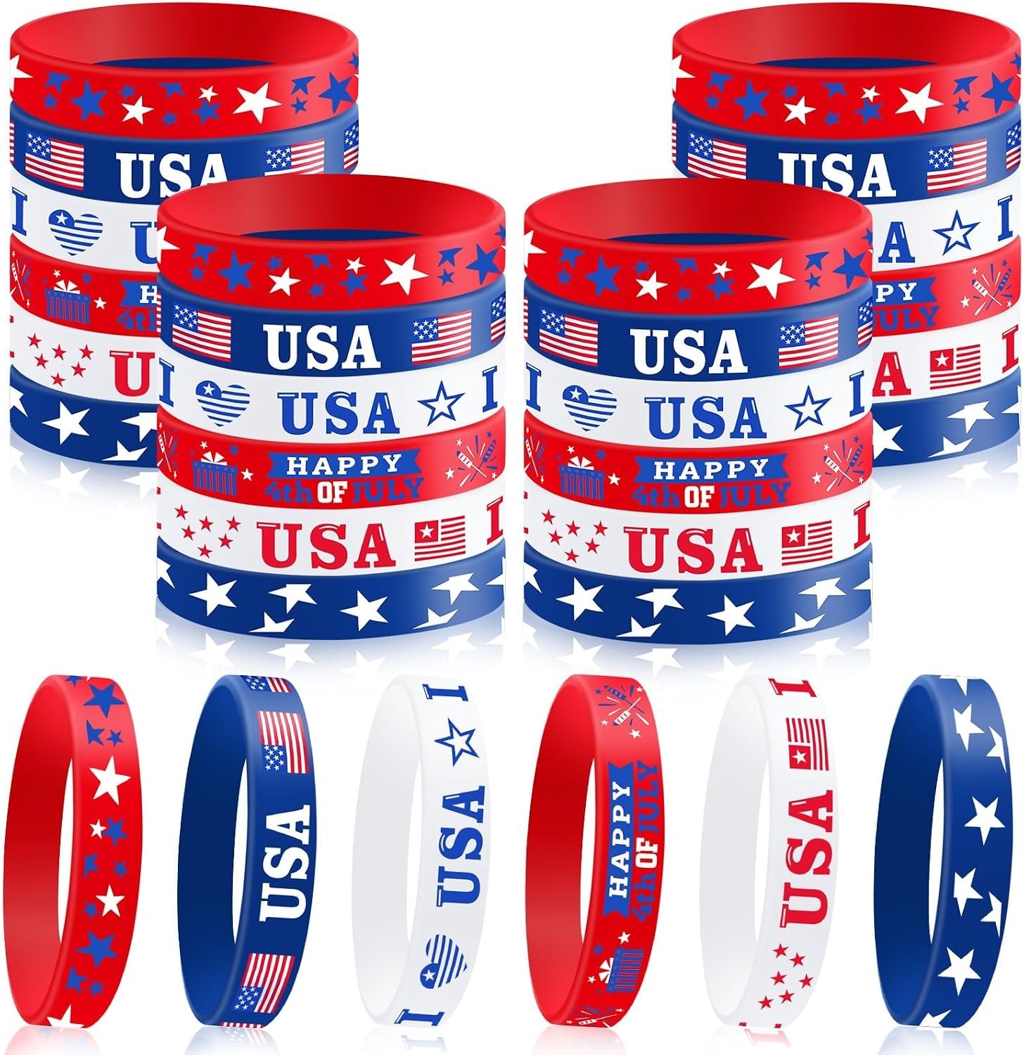 30 PCS 4Th of July Bracelets, Red White and Blue Patriotic Rubber