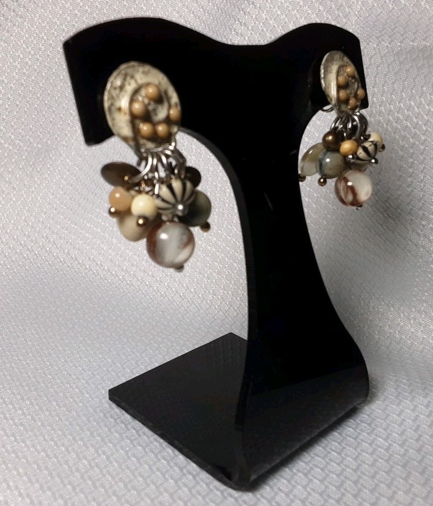 Earring Silver Tone Beige Tan Multicolor Different Shape Beaded Drop Dangle Clip