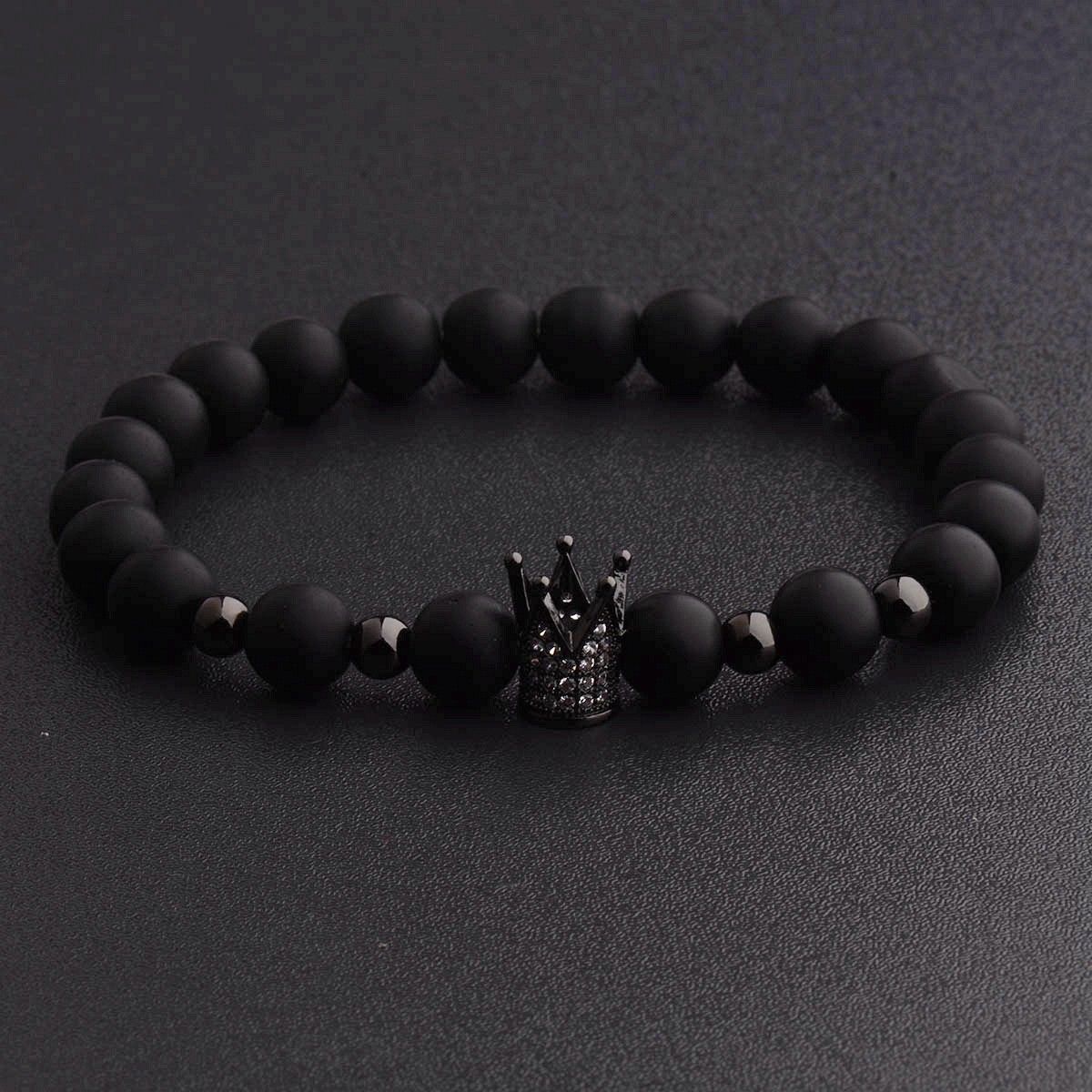 Gorgeous Crown Natural Stone Matte Black Charm Men’s CZ Copper Bead Bracelet