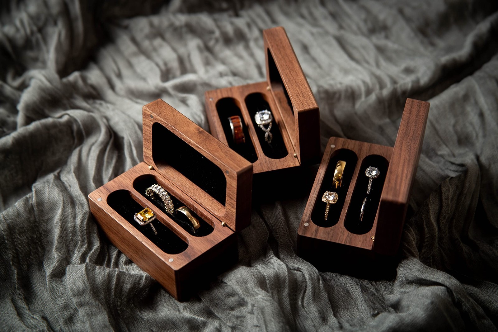 Engraved Wooden Quad Ring Box for Wedding, Anniversary, Birthday & Valentine’s G
