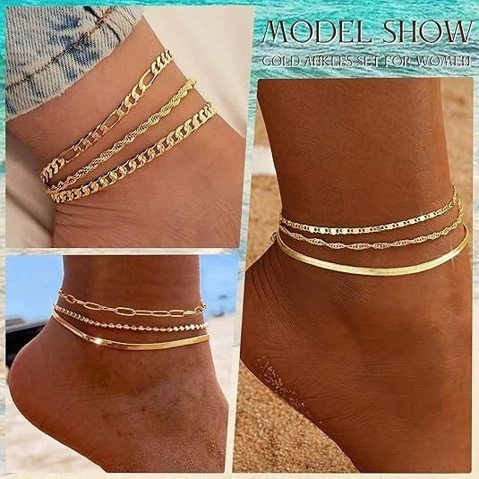 iF YOU Gold Ankle Bracelets for Women, 14k Gold Plated Waterproof Cuban Link Cha