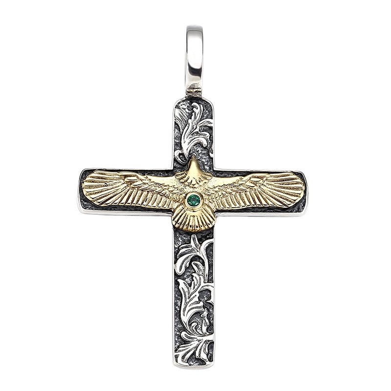 Majestic Eagle Cross Pendant Two-Tone S925 Silver Baroque Freedom Amulet for Men