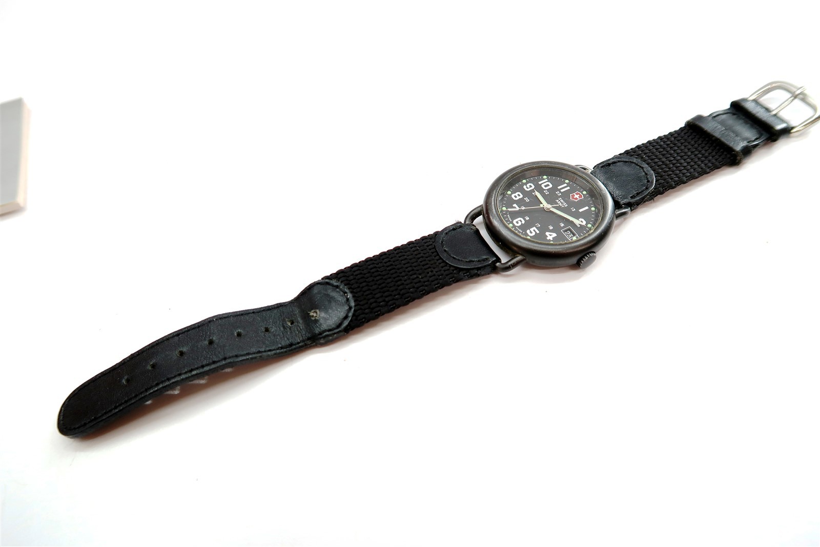 SWISS ARMY Mens Quartz Date Watch 37mm Black WORKS NEW BATTERY ~ CROWN ISSUE