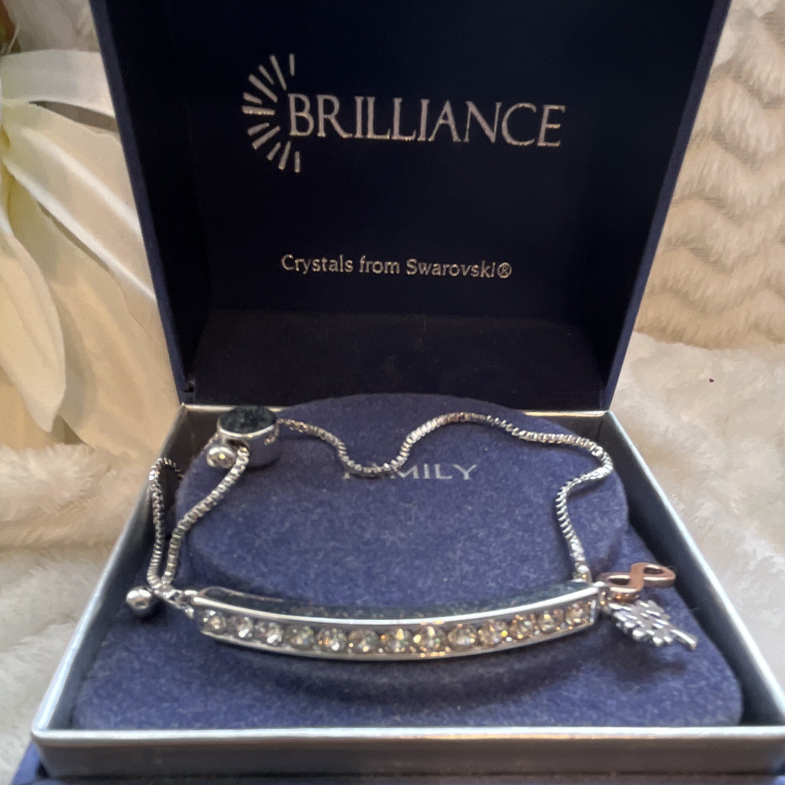 Brilliance Swarovski Crystal Adjustable Slider Bracelet Silver Bar Family Charm