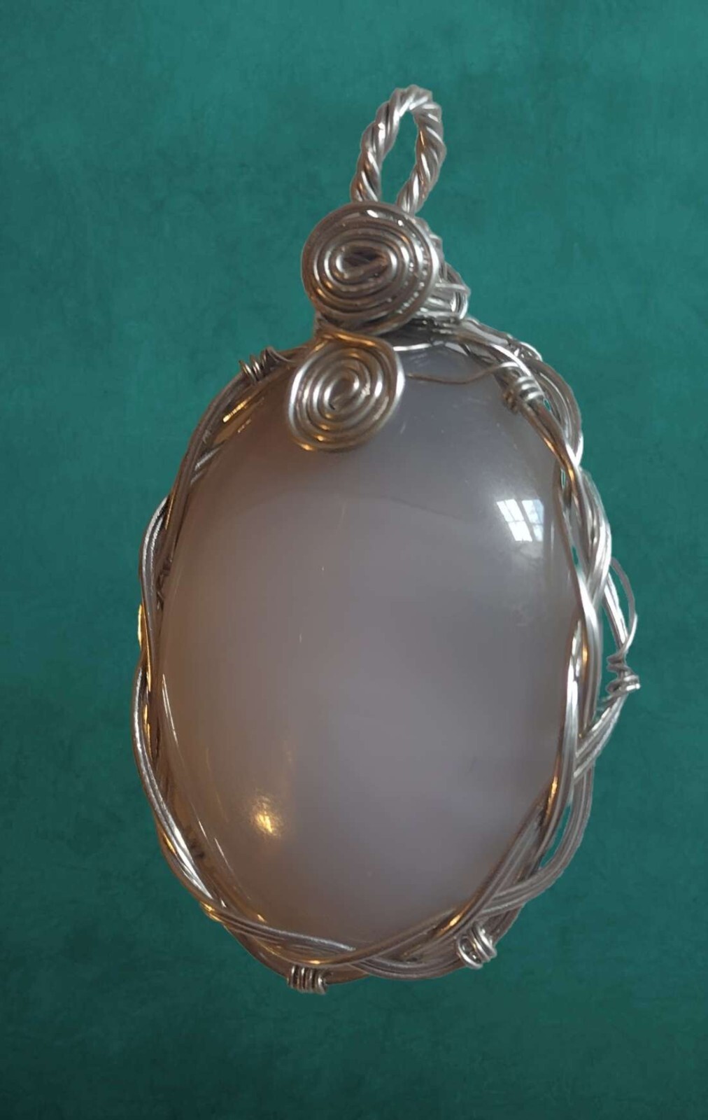Silver Coated Copper Wire Wrap Pendant Blue Chalcedony Elegant Handcrafted