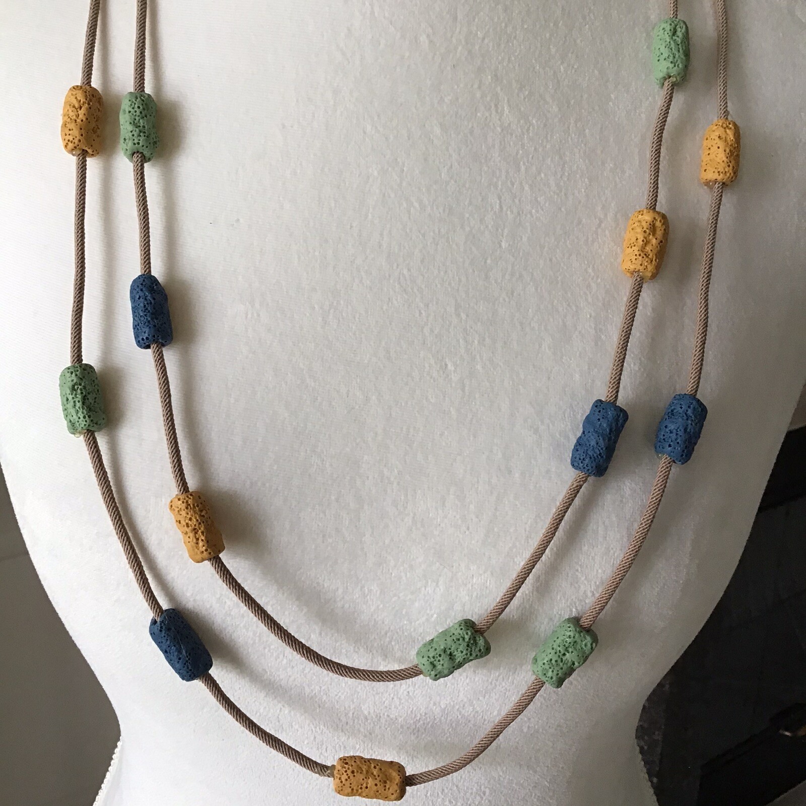 Lava Bead Tube Bead Necklace Earrings SET 2-Strand Boho Blue Green Gold NEW