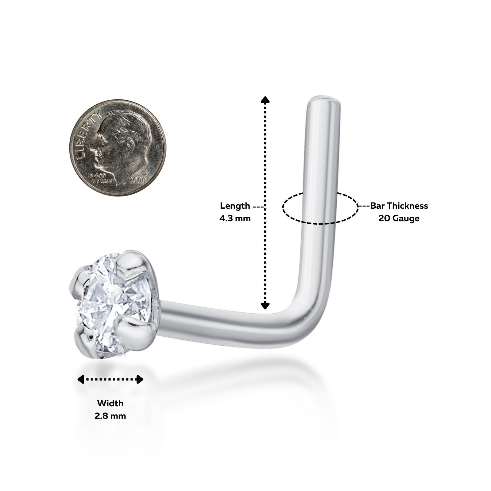 14K White Gold L-Shaped Nose Ring With 0.07 CTTW Lab Grown Diamond – 20 Gauge