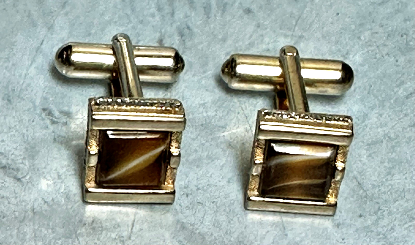 Vintage Faux Cat Eye Cabochon Gold Tone Cuff Links, Signed Swank